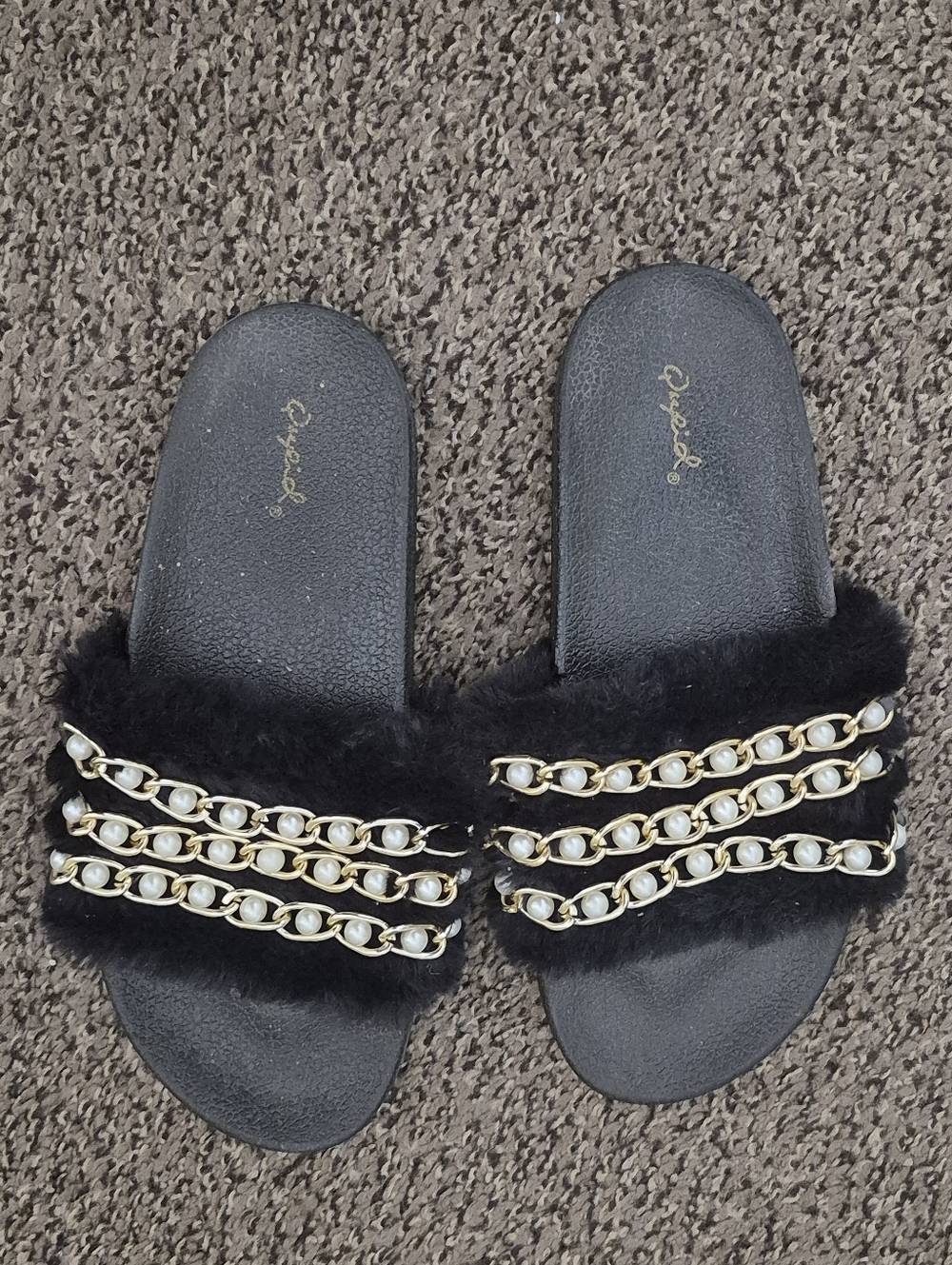 OSPREY Black Faux Fur Slide Mules with Pearl-Chain Trim